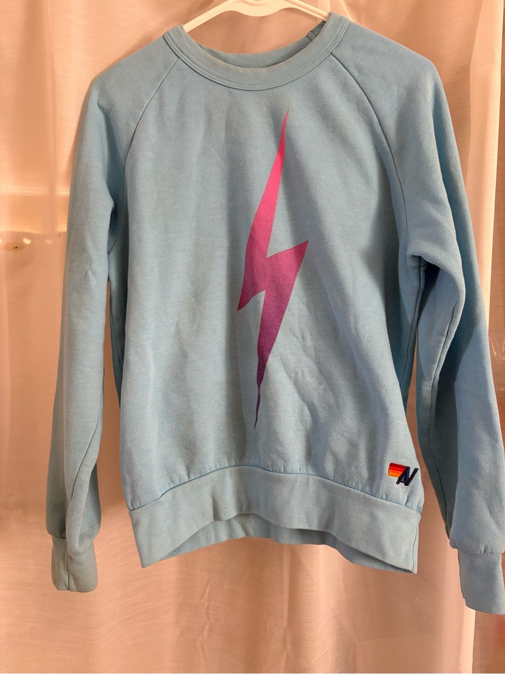 Aviator Nation Sky Blue Crewneck with Pink Lightning Graphic - Picture 3 of 8